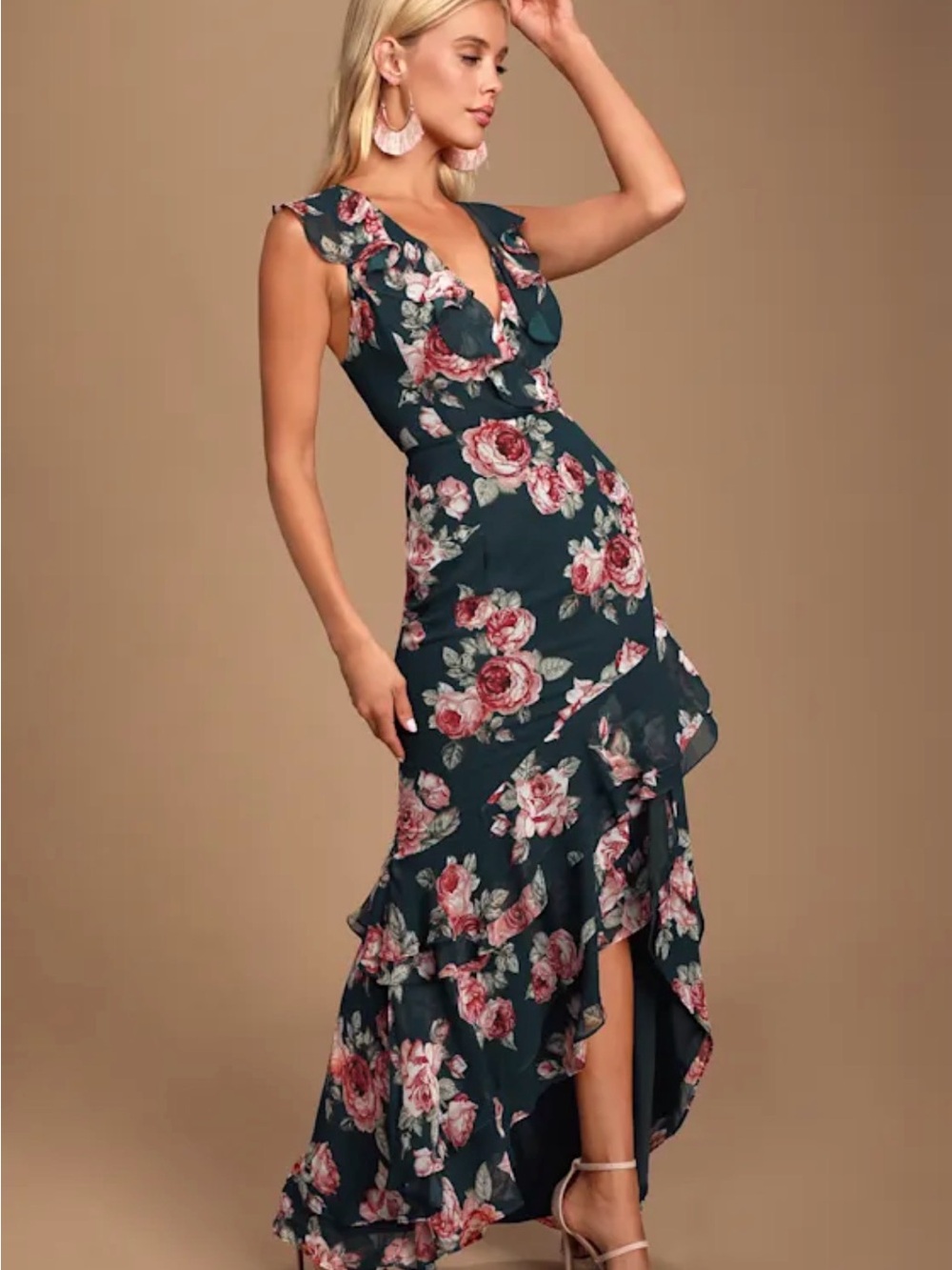 Lulus Secret Romance Dark Green Floral Print High-Low Maxi Dress Size S